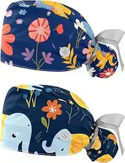 [YTYVAGT] 2-Pc,Nurse Scrub Caps,Scrub Hats with Buttons and Cotton Sweatband,Animal Elephants Cartoon