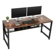 Computer Desk with Bookshelf/Metal Hole Cable Cover 1.18" 63" Rustic Brown