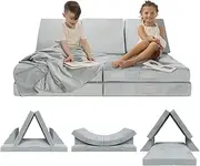 Milliard Kids 7pcs Modular Sectional Sofa - Foam Play Couch - Soft Washable Grey Velour, Includes Bonus Blanket - Toddler Couch, Perfect for Playroom and Bedroom - 52x30x20in
