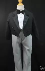 Baby Toddler Boy Formal Wedding Party Recital BLACK Tuxedo Suit Gray Pants S-20
