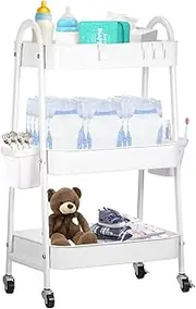 Baby Diaper Caddy Cart 3-Tier Metal Rolling Organizer for Kitchen,0ffice,Nursery Storage Organizer Newborn Essentials Storage Cart (White)