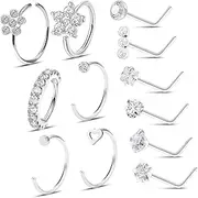 [kodivenj] Pack of 12 Nose Piercing, Surgical Steel Nose Ring Piercing Set, 20G L Shaped Nose Stud Nose Ring CZ Silver Nostril Piercing Jewellery Nose Stud with Zirconia for Men and Women, one size,