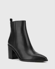 Pearce Black Leather Block Heel Ankle Boot.