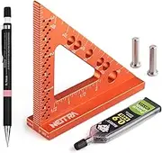 Neitra Small Square Ruler with Fixed Angle Pin, Accurate Compact Aluminum Laser Etched Markings, Includes a Mechanical Pencil for Carpenter Woodworking Furniture Projects, Orange (NT-SCS-03-2023)