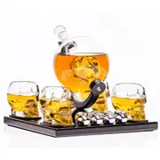 Don Vassie Skull Globe Decanter Set with 4 skull shot glasses+4 stainless steel skull stones
