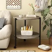 Hbluefat 2-Tier End Table with Wheels, Modern Wood Round Rolling Side Table, Small Bedside Nightstand Table for Small Space, Living Room, Bedroom (Grey)