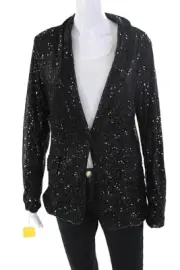 Flora Ashley Womens Sequined Single Button Blazer Jacket Black Size Large