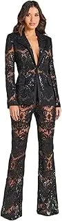 [Zadaos] Women's Designer Runway Suit Set Single Buttons Guisolid Lace Blazer Flare Pants Set 2Pcs