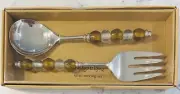 NEW IN BOX ~ SIMPLY DESIGNZ AMBER GLASS HANDLE SALAD SERVING SET ~