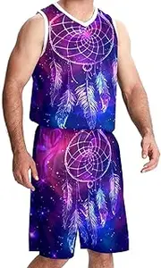 [FNETJXF] Basketball Jersey with Shorts, Outfit Tank Top Track Shorts, Men's Basketball Jersey, Galaxy Purple Pink Dream Catcher Feather