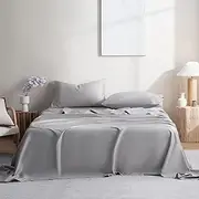 100% Long Stamp Cotton Sheets Set King Size- 4PC Super Soft Subtle Sheen Bed Sheets | 45cm Deep Pocket Fitted Sheet & Flat Sheet & 2 Pillowcase (Silver, King)