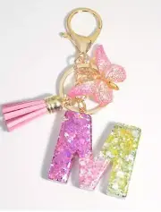 KEYRING M Key Chain Butterfly Gold & Pink Bag Charm Tassel Keyring Holder A100
