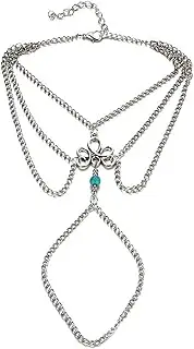 [Generic] 2 Pcs Bohemian Layered Anklet with Toe Ring Silver Turquoise Barefoot Sandals Summer Beach Wedding Foot Accessories Boho Toe Link Ankle Bracelet for Women and Girls