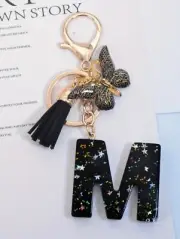 KEYRING M Key Chain Royal Black & Stars Butterfly Bag Charm Tassel Keyring A100