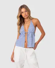 EDIKTED Womens Madelyn Tie Front Top BLUE-AND-WHITE