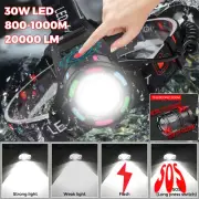 30W 1000m Rechargeable Headlamp 20000LM LED Zoom Headlight Head Torch Waterproof