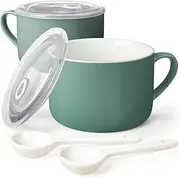 Wareland Soup Bowls with Handles & Spoons, 30oz Ceramic Ramen Bowl with Lid, Large Soup Mugs/Cups for Instant Noodle, Big Cereal Bowls for Oatmeal, Soup Containers with Lids, Set of 2, Teal Blue