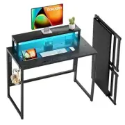 Small Folding Desk 31.5 Inch, Foldable Computer Desks with LED Lights and