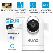 Elinz 1080P WiFi IP Auto Tracking Security Camera HD Wireless Pan Tilt CCTV Alexa Echo Google Home Compatible 32GB