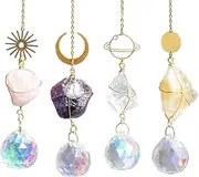 4 PCS Colorful Crystals Sun Catcher, Boho Suncatchers Hanging Window Ornaments,with Healing Stones Rainbow Maker Glass Prism Decor,for or Indoor Outdoor Home Party Decor