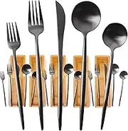 KYONANO 20 PCS 18/10 Stainless Steel Matte Black Silverware Set for 4 with 5 Bamboo Organizer, Heavy Duty Flatware Set, Flatware Cutlery Set for Home Kitchen Restaurant Hotel, Kitchen Utensils Set