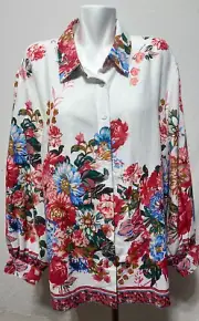 Cynthia Rowley Women Linen 1X Top Blouse White Floral Pink Blue Button Down NWT