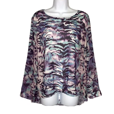 Jennifer Lopez Watercolor Tiger Print Top Womens Petite L Roll Tab Sleeve NEW