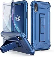 ORETECH Compatible with iPhone XR Case, with [2 x Tempered Glass Screen Protectors] [Heavy Duty Protection] [Kickstand & Phone Holder] 5 in 1 Full Body Shockproof Protective Cover for iPhone Xr -Blue