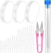 Swpeet 12Pcs 45mm 60mm 75mm 100mm 125mm Beading Needles and 6 Rolls Elastic Stretch Thread Set, Big Eye Beading Needles Clear Stretch Cord Thread for Jewelry Bracelet Necklace Making Wire