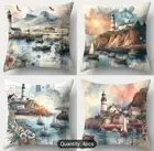 Set Of 4 Beautiful Harbor Lighthouse Nautical Throw Pillow Covers