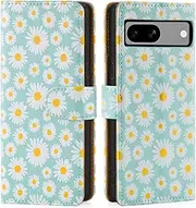 [32nd] Floral Series 3.0 - Design PU Leather Book Wallet Case Cover for Google Pixel 7A, Flip Case With RFID Blocking Card Slots, Magnetic Closure and Built In Stand - Blue Daisy