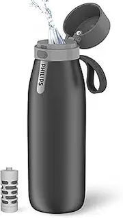 Philips Water GoZero Everyday Insulated Stainless Steel Water Bottle with Philips Everyday Tap Water Filter BPA Free Transform Tap Water into Healthy Tastier Water Keep Drink Hot/Cold, 32 oz, Grey