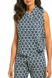 Bryn Walker Ivory Blue Print Vest Linen Sleeveless Vest Wrap Top M