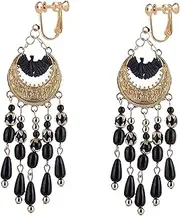 [EIYIELX] Handmade Tassel Clip On Earrings Women's No Pierced Vintage Ear Clip(Black)
