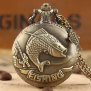 Antique Fishing Pattern Mens Womens Quartz Analog Pocket Watch Necklace Chain