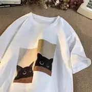 Couple Matching Short-Sleeve Cat Print Oversize Tee White - XXXL