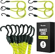Houseables Bungee Cords with Hooks Bungie Straps 4 Pack 48 Inch Long Yellow Flat Premium Rubber Bungy Chords Adjustable Long Bungi Rope for Dolly Upcart Car Trunk Camping Luggage Moving