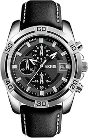 [SKMEI] Sports Mens Watches,Chronograph Date Wristwatches Men,Waterproof Soft Black Leather Strap Military Watch