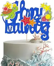 1 Pack Sea Shell Cake Topper Starfish Happy Birthday Cake Topper Blue Glitter Starfish Seaweed Cake Decorations Ocean Theme Birthday Party Supplies