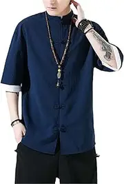 [Aoleaky] Men's Cotton Linen Short Sleeves Shirt Male Chinese Style Mandarin Collar Slim T Shirt Summer Tops Mens Shirts