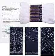 Daruma Sashiko Kit, Yokota Sashiko Yarn and Template Yume Fukin with Original English Manual, Fabric, Japanese Textile (White Thread/Navy Blue Tea Towel 3)