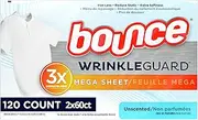 Bounce WrinkleGuard Mega Dryer Sheets, Fabric Softener and Wrinkle Releaser Sheets, Unscented, 120 count (Pack of 2, 60 count each)