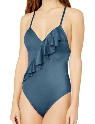 Seafolly Shine On Ruffle Front 1- Piece Swimsuit with Low Back, US 10, Blueprint