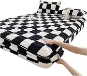SDCJLEMAXGT Thickened Cotton Mattress Cover Arctic Velvet Sheet Checkerboard Safe Warm Soft Machine Washable Home(Black White,200x220cm Sheet)