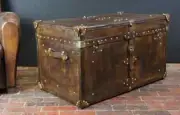 English Handmade bridle leather trunk coffee table in mid brown luxury belted
