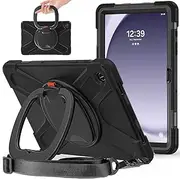 Heavy Duty Hybrid Rugged Case for Galaxy Tab A9 Plus 2023 11 Inch, Shockproof Kids Protection With 360 Rotating Stand/Shoulder Strap (Black)