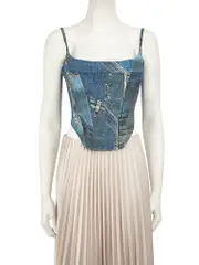 Blue Denim Patchwork Printed Corset