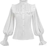CR ROLECOS Victorian Blouse Women's Long Sleeve Medieval Ruffle Blouse Vintage Gothic Blouse White