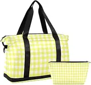 [Amooorous] Yellow and White Checkered Gym Sports Duffel Bags Weekend Bag with Toiletry Bag for Trekking Multifunctional, yellow and white checkered, 1 size