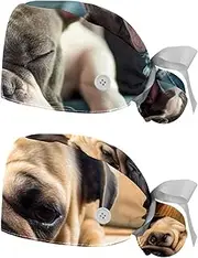 [YTYVAGT] 2-Pc,Nurse Scrub Caps,Scrub Hats with Buttons and Cotton Sweatband,Bulldog Dog Puppy